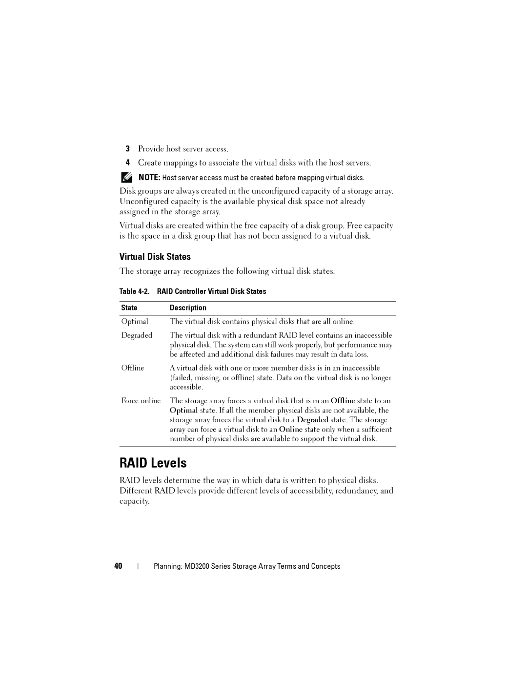 Dell MD3200, MD3220 owner manual RAID Levels, RAID Controller Virtual Disk States Description 