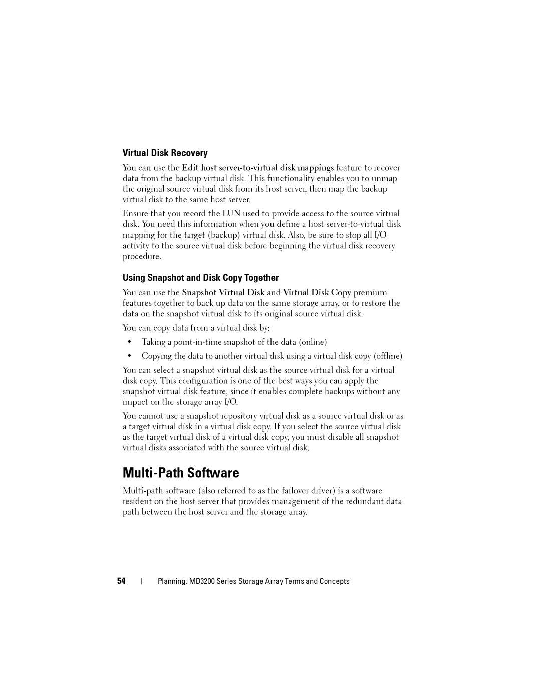 Dell MD3200, MD3220 owner manual Multi-Path Software, Virtual Disk Recovery, Using Snapshot and Disk Copy Together 
