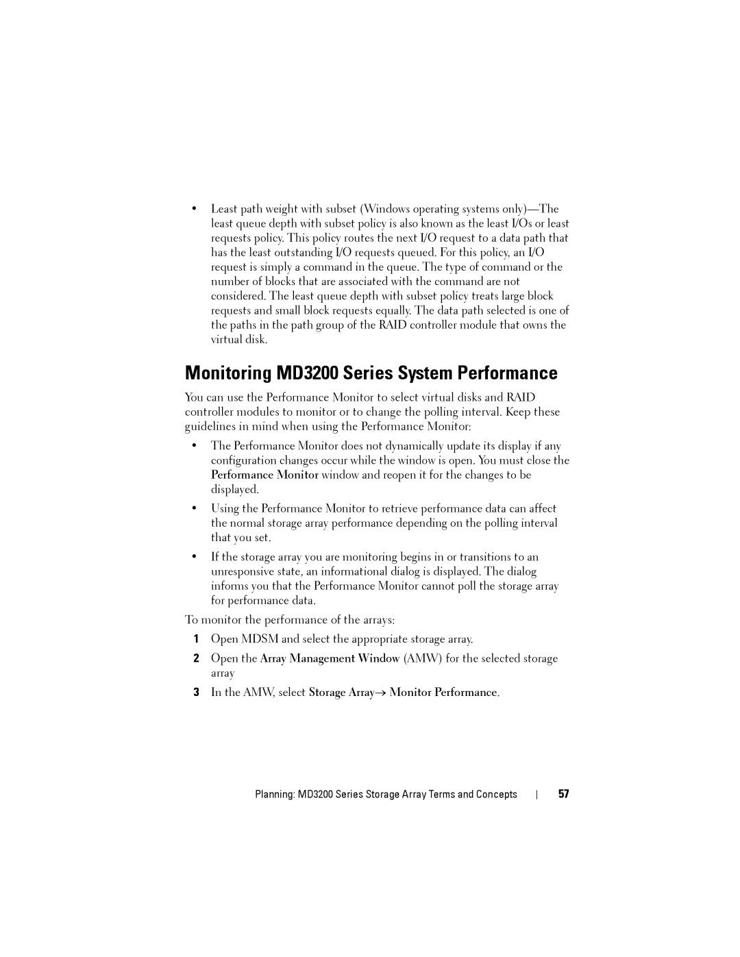 Dell MD3220 owner manual Monitoring MD3200 Series System Performance, AMW, select Storage Array→ Monitor Performance 