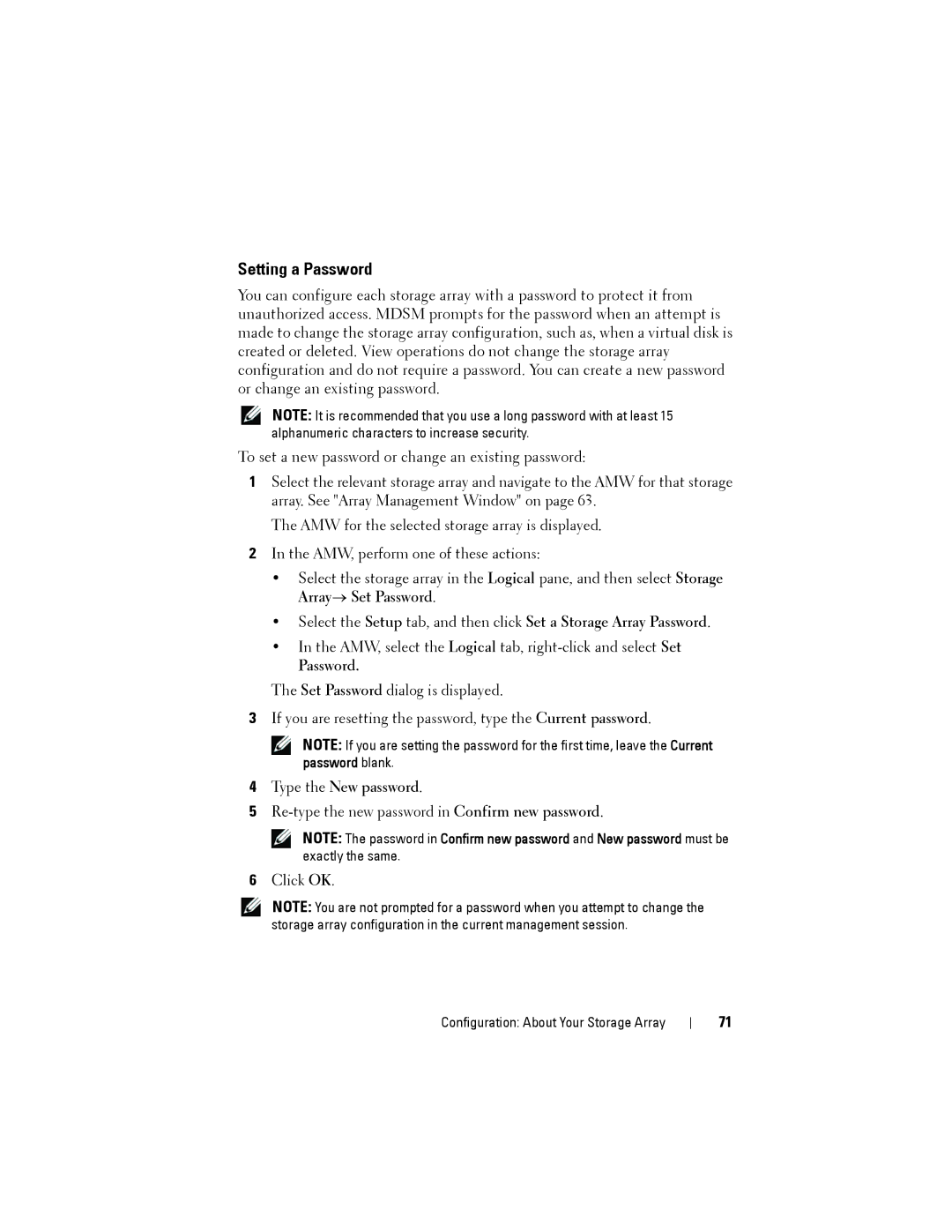 Dell MD3220, MD3200 owner manual Setting a Password, Type the New password 