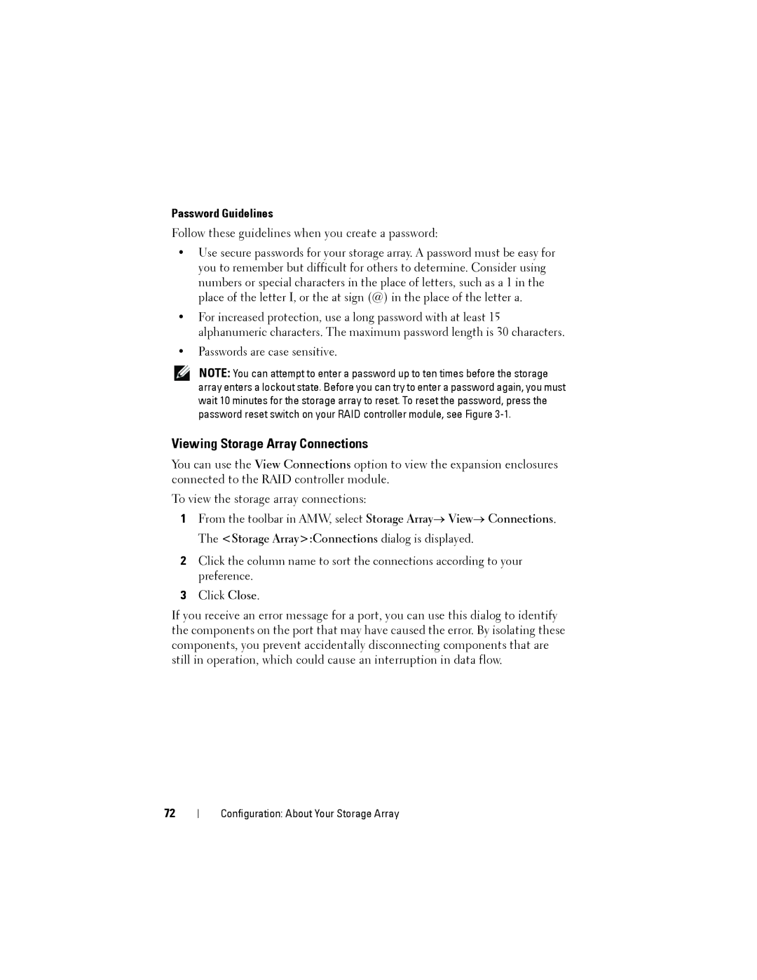 Dell MD3200, MD3220 owner manual Viewing Storage Array Connections, Password Guidelines 