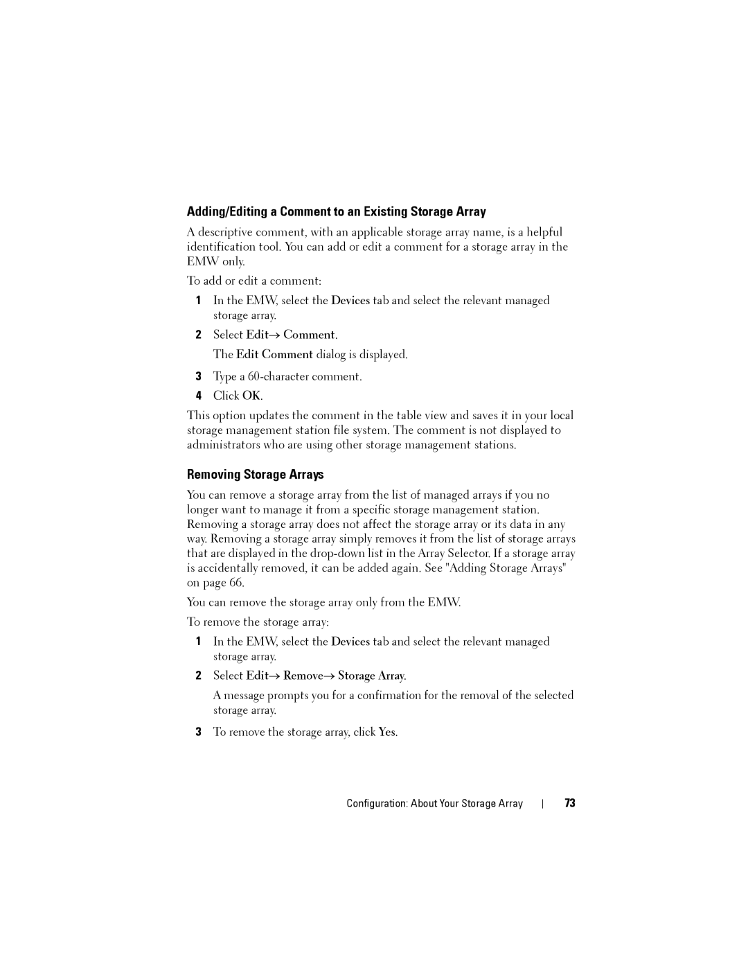 Dell MD3220, MD3200 Adding/Editing a Comment to an Existing Storage Array, Removing Storage Arrays, Select Edit→ Comment 