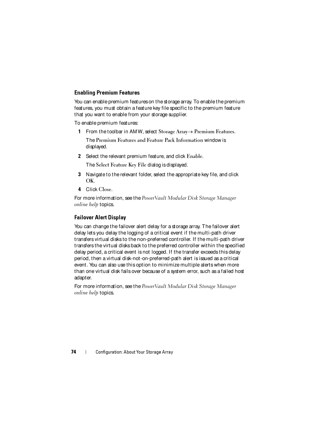 Dell MD3200, MD3220 owner manual Enabling Premium Features, Failover Alert Display 