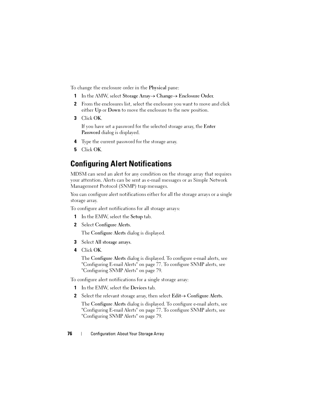 Dell MD3200 Configuring Alert Notifications, AMW, select Storage Array→ Change→ Enclosure Order, Select Configure Alerts 
