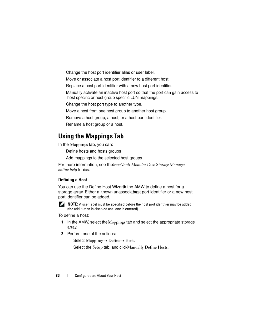 Dell MD3200, MD3220 owner manual Using the Mappings Tab, Defining a Host, Select Mappings→ Define→ Host 