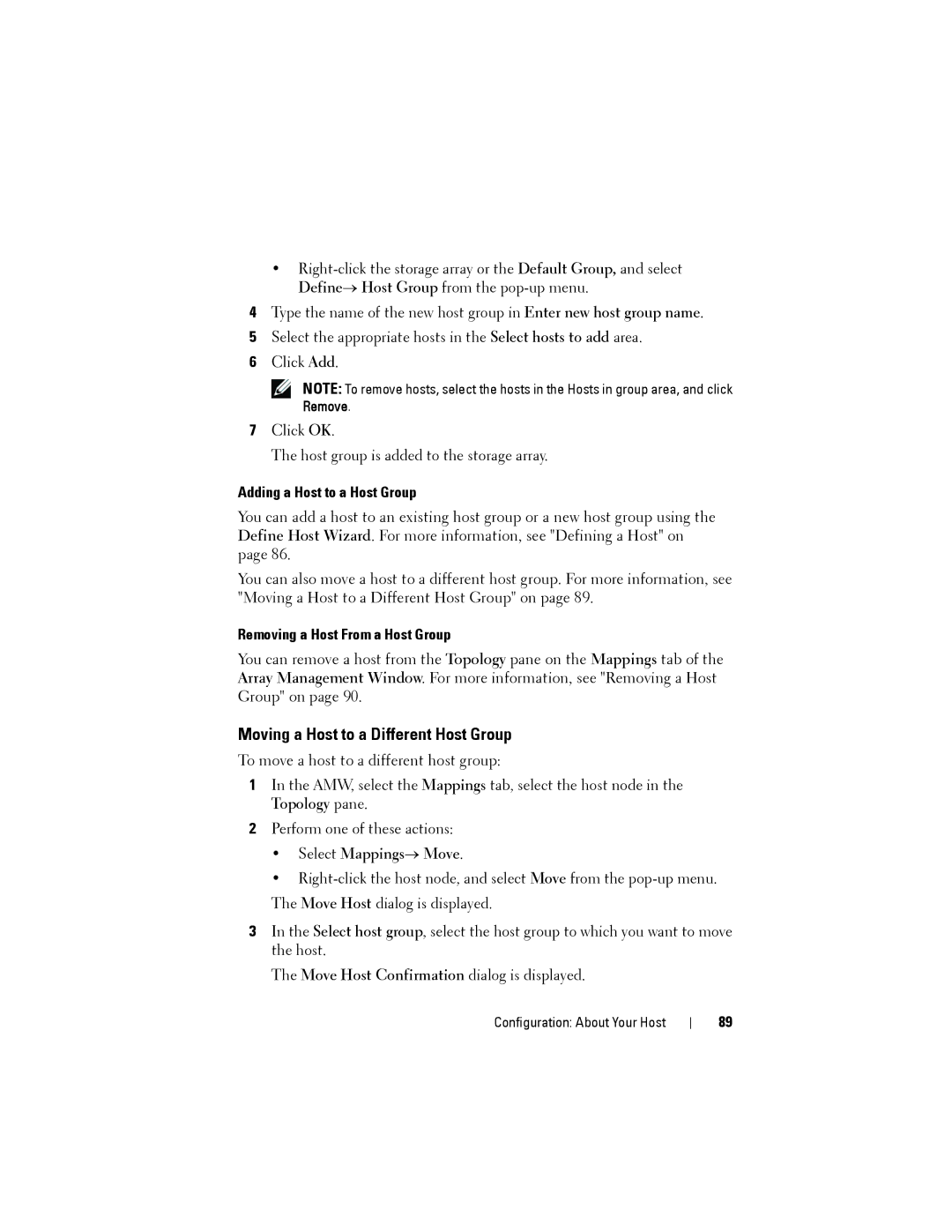 Dell MD3220 Moving a Host to a Different Host Group, Adding a Host to a Host Group, Removing a Host From a Host Group 
