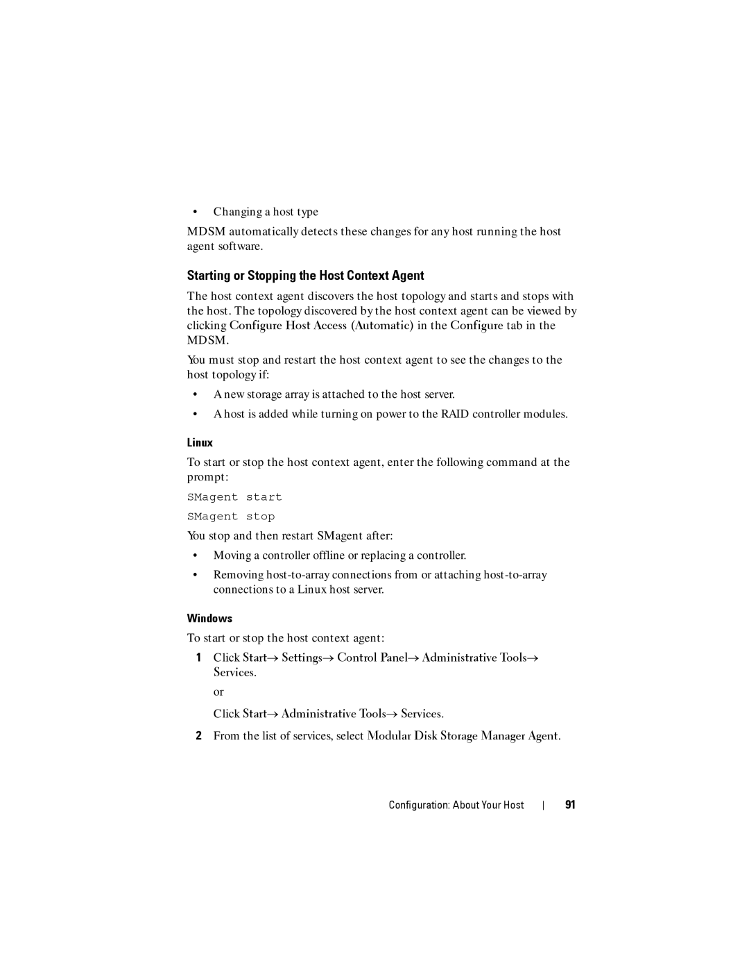 Dell MD3220, MD3200 owner manual Starting or Stopping the Host Context Agent, Linux, Windows 