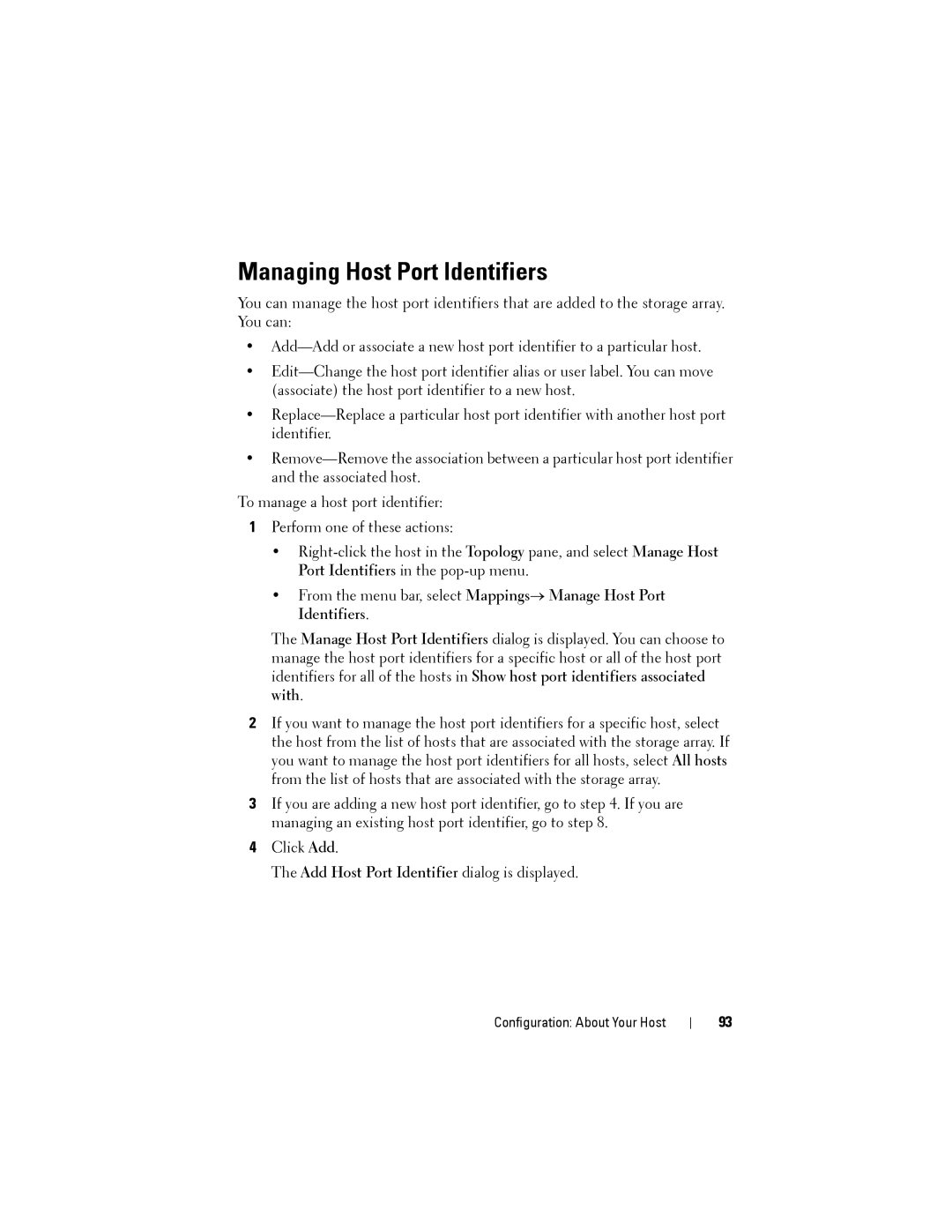 Dell MD3220, MD3200 owner manual Managing Host Port Identifiers, Add Host Port Identifier dialog is displayed 