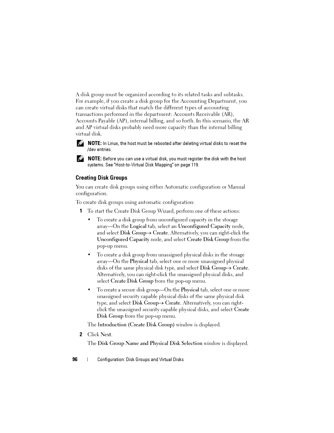 Dell MD3200, MD3220 owner manual Creating Disk Groups, Introduction Create Disk Group window is displayed 