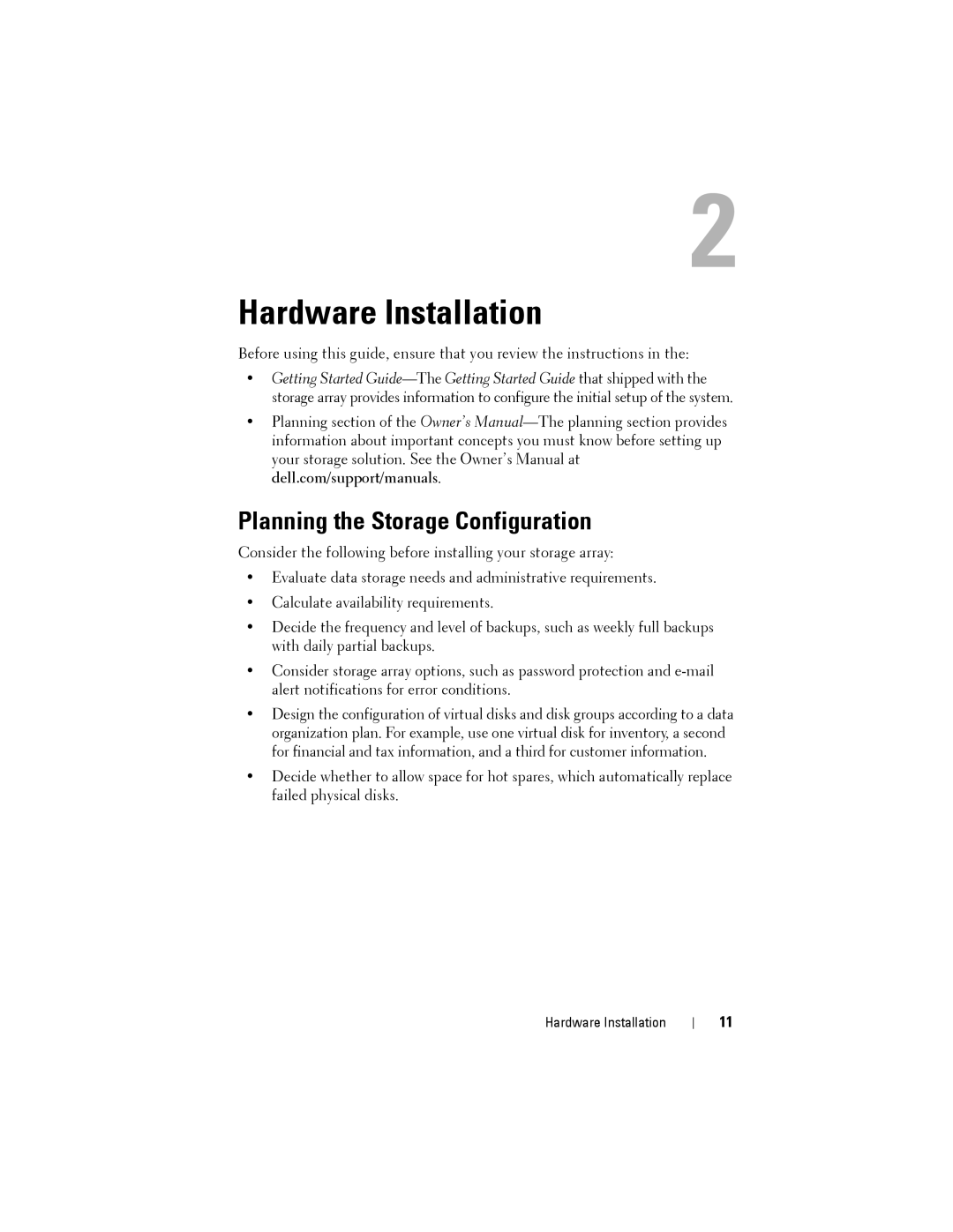 Dell MD3220, MD3200 manual Hardware Installation, Planning the Storage Configuration 