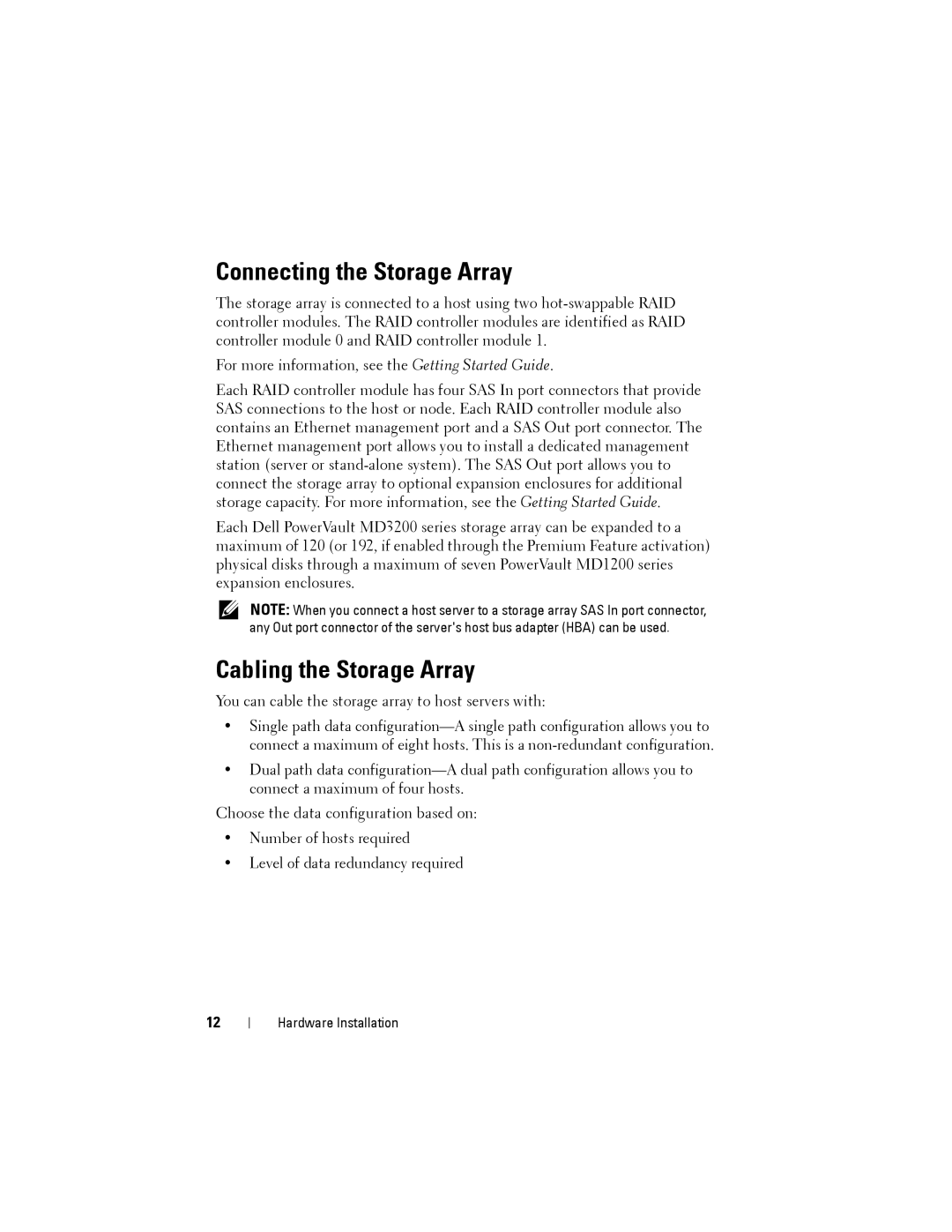 Dell MD3200, MD3220 manual Connecting the Storage Array, Cabling the Storage Array 