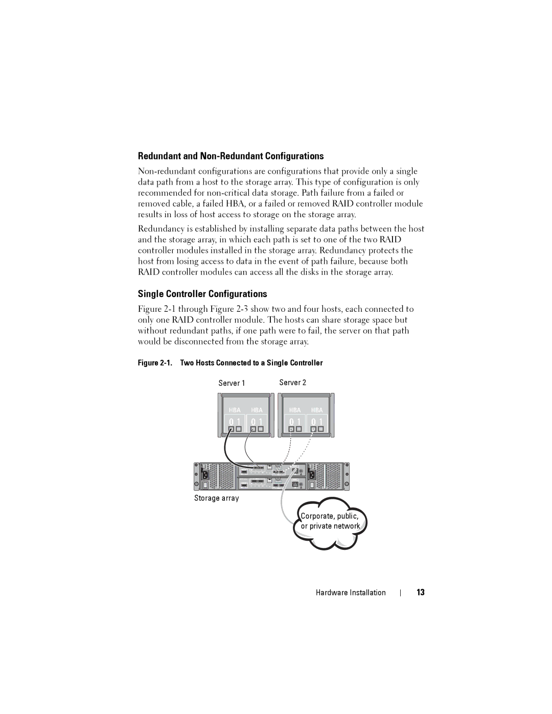 Dell MD3220, MD3200 manual Redundant and Non-Redundant Configurations, Single Controller Configurations 