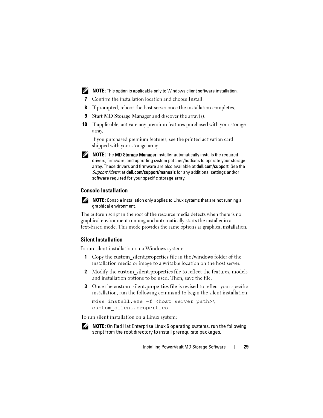 Dell MD3220, MD3200 manual Console Installation, Silent Installation 