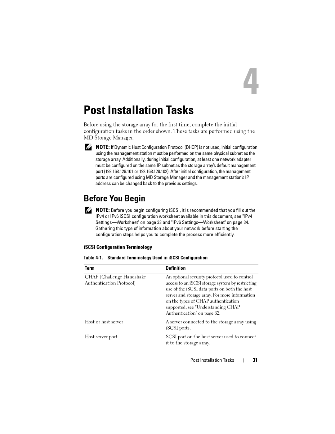 Dell MD3220, MD3200 Post Installation Tasks, Before You Begin, Standard Terminology Used in iSCSI Configuration Definition 