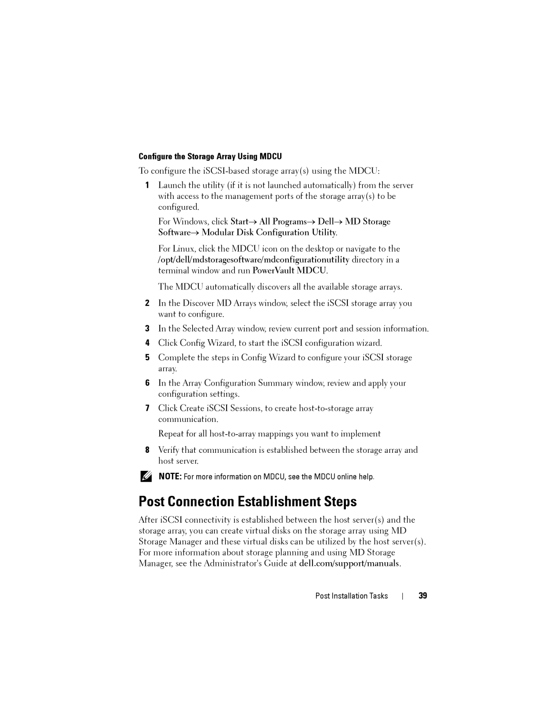 Dell MD3220, MD3200 manual Post Connection Establishment Steps, Configure the Storage Array Using Mdcu 