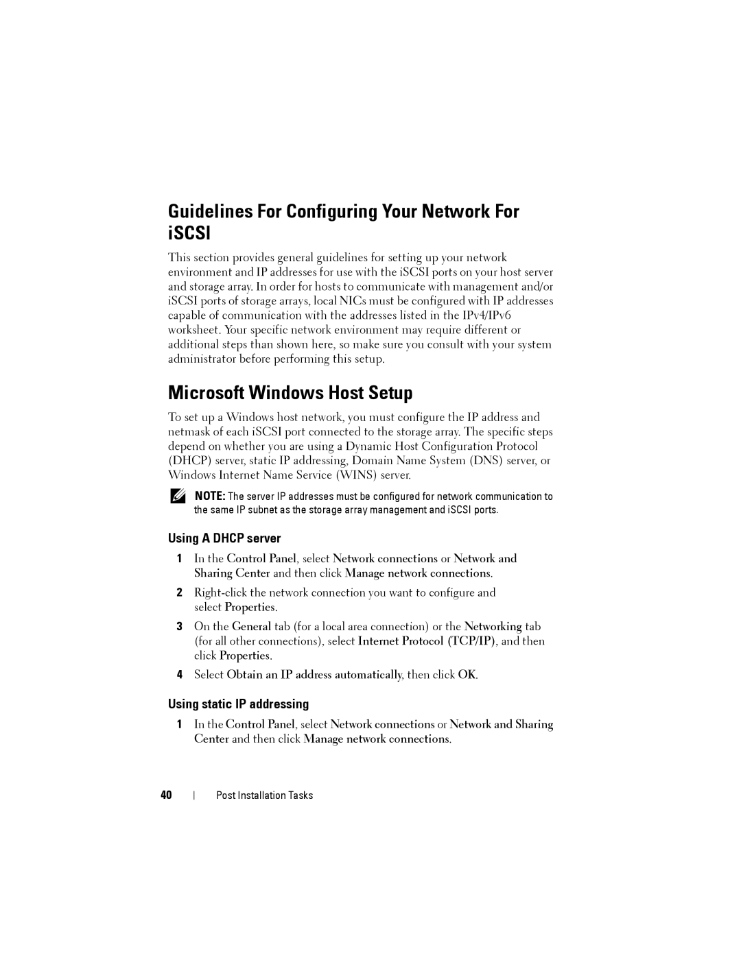 Dell MD3200, MD3220 Guidelines For Configuring Your Network For iSCSI, Microsoft Windows Host Setup, Using a Dhcp server 