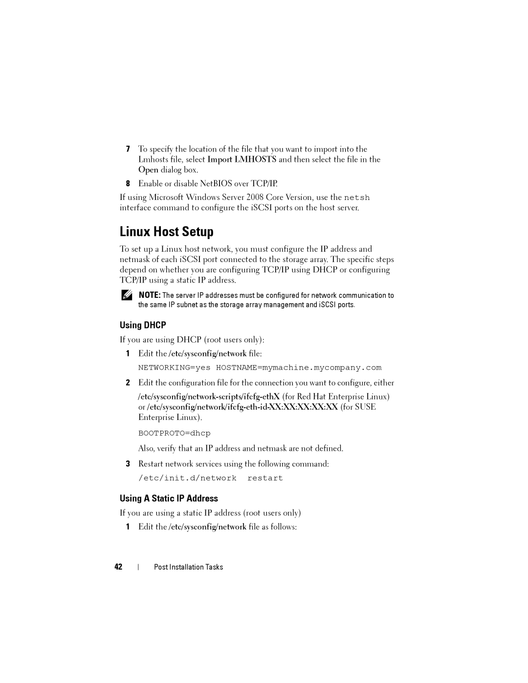 Dell MD3200, MD3220 manual Linux Host Setup, Using Dhcp, Using a Static IP Address 