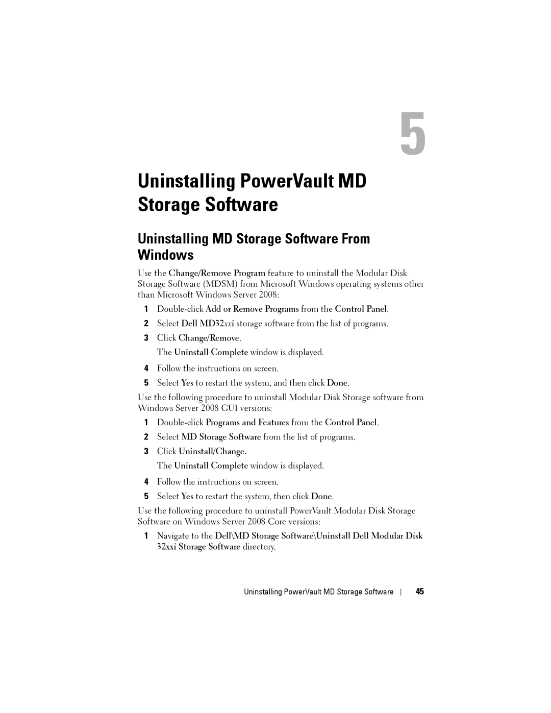 Dell MD3220, MD3200 manual Uninstalling PowerVault MD Storage Software, Uninstalling MD Storage Software From Windows 