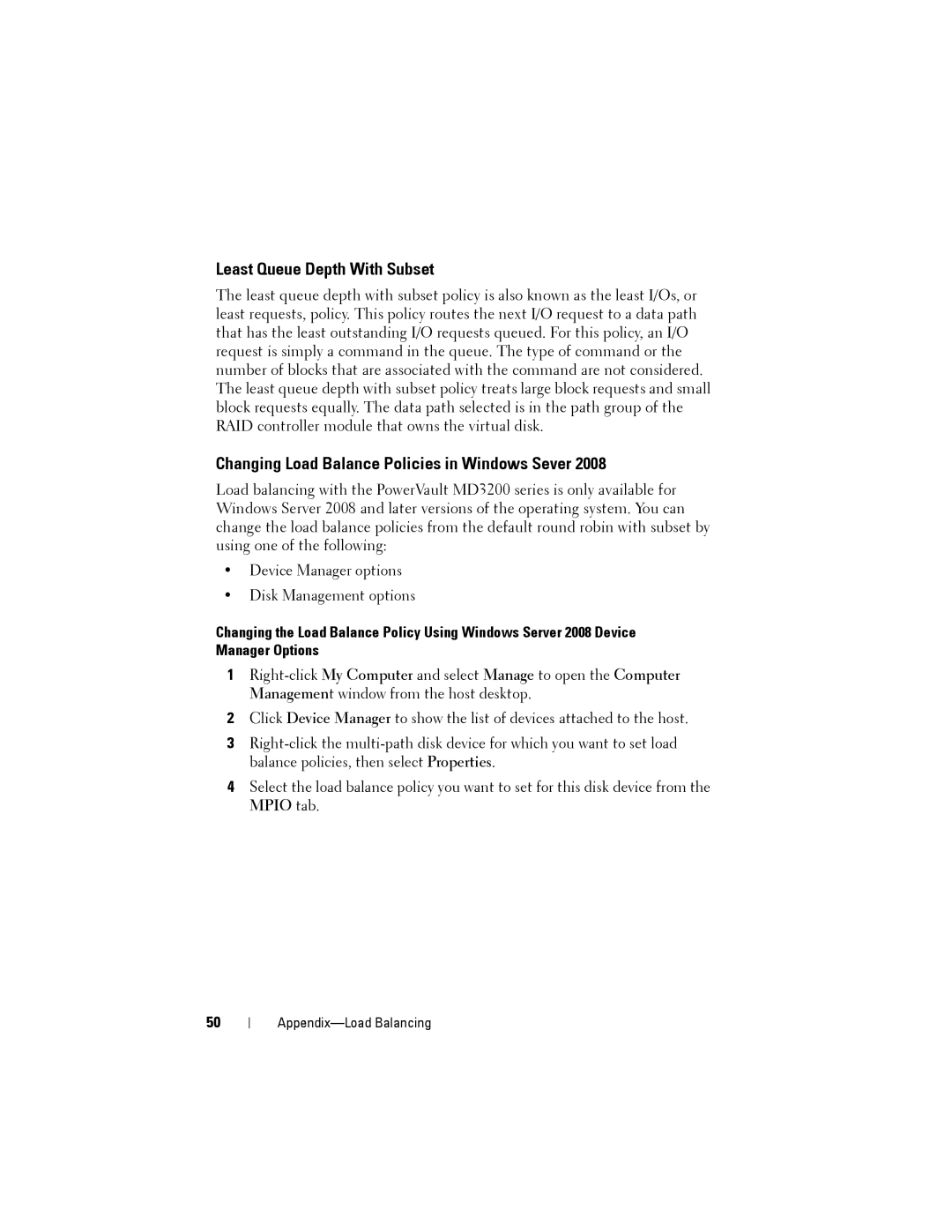 Dell MD3200, MD3220 manual Least Queue Depth With Subset, Changing Load Balance Policies in Windows Sever 