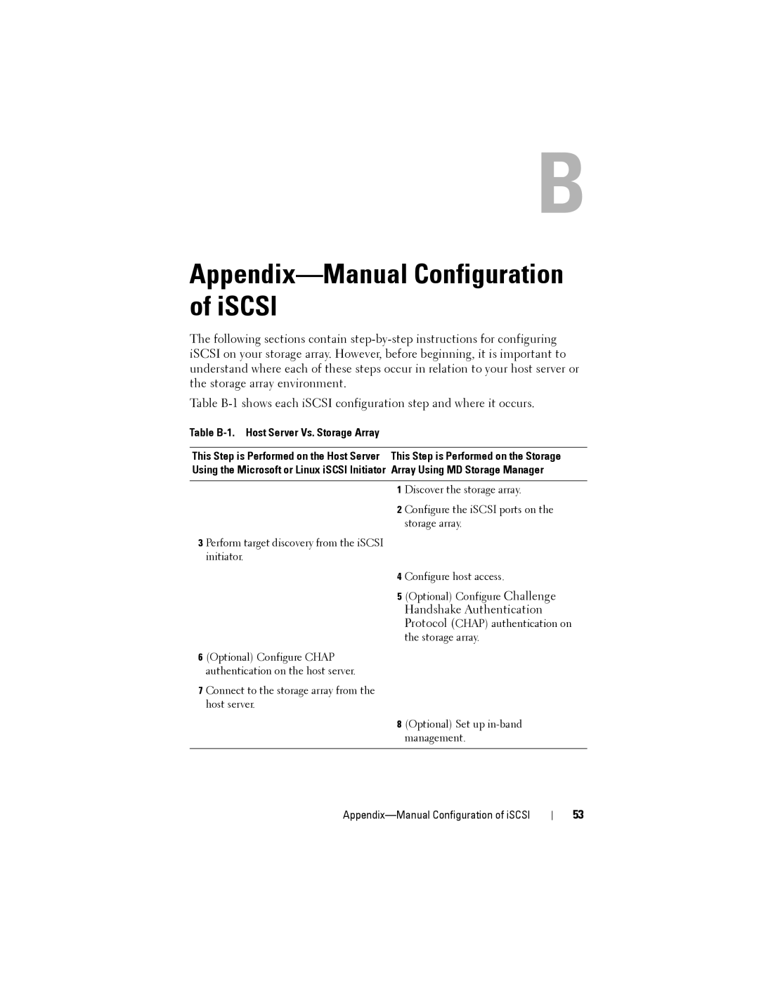 Dell MD3220, MD3200 manual Appendix-Manual Configuration of iSCSI, Table B-1. Host Server Vs. Storage Array 