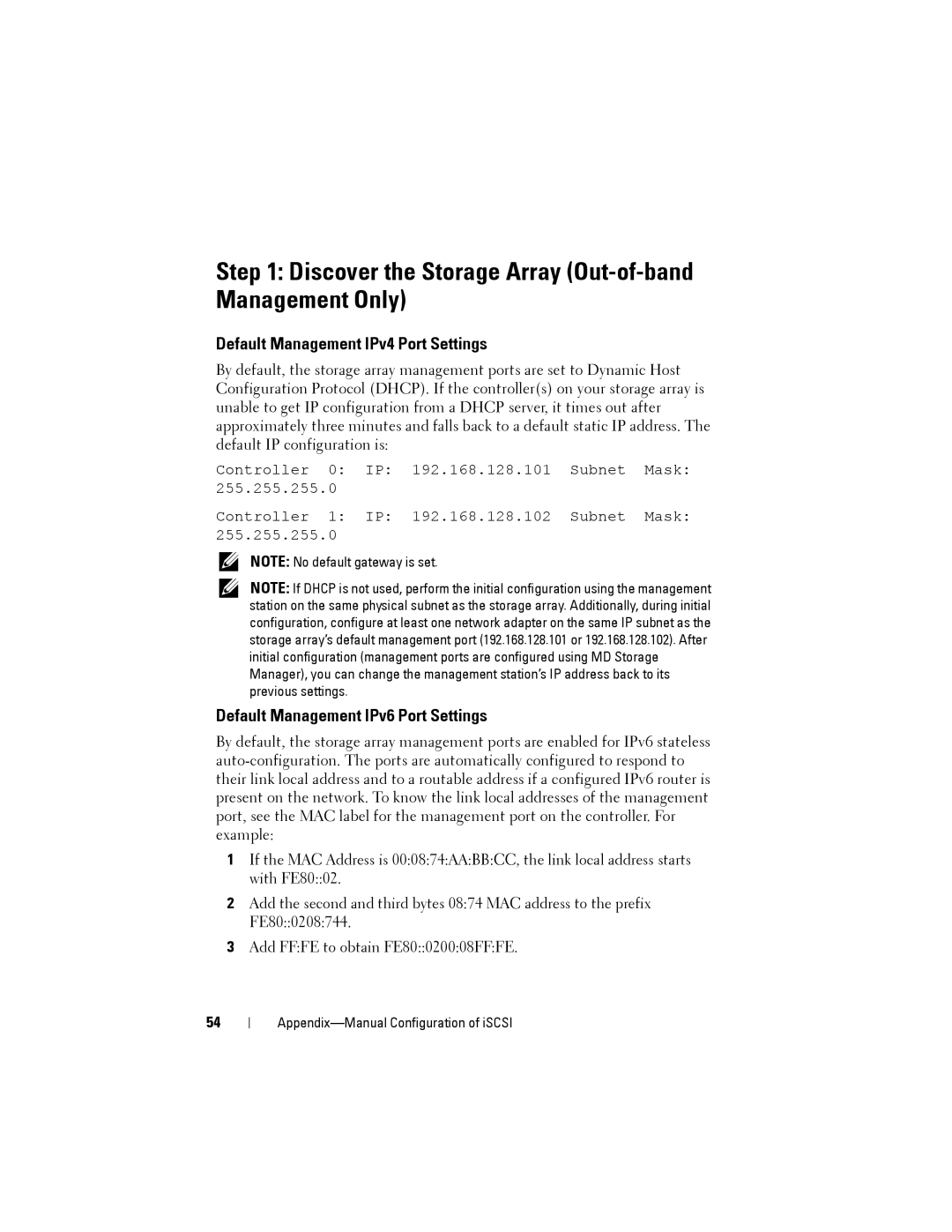 Dell MD3200, MD3220 manual Discover the Storage Array Out-of-band Management Only, Default Management IPv4 Port Settings 