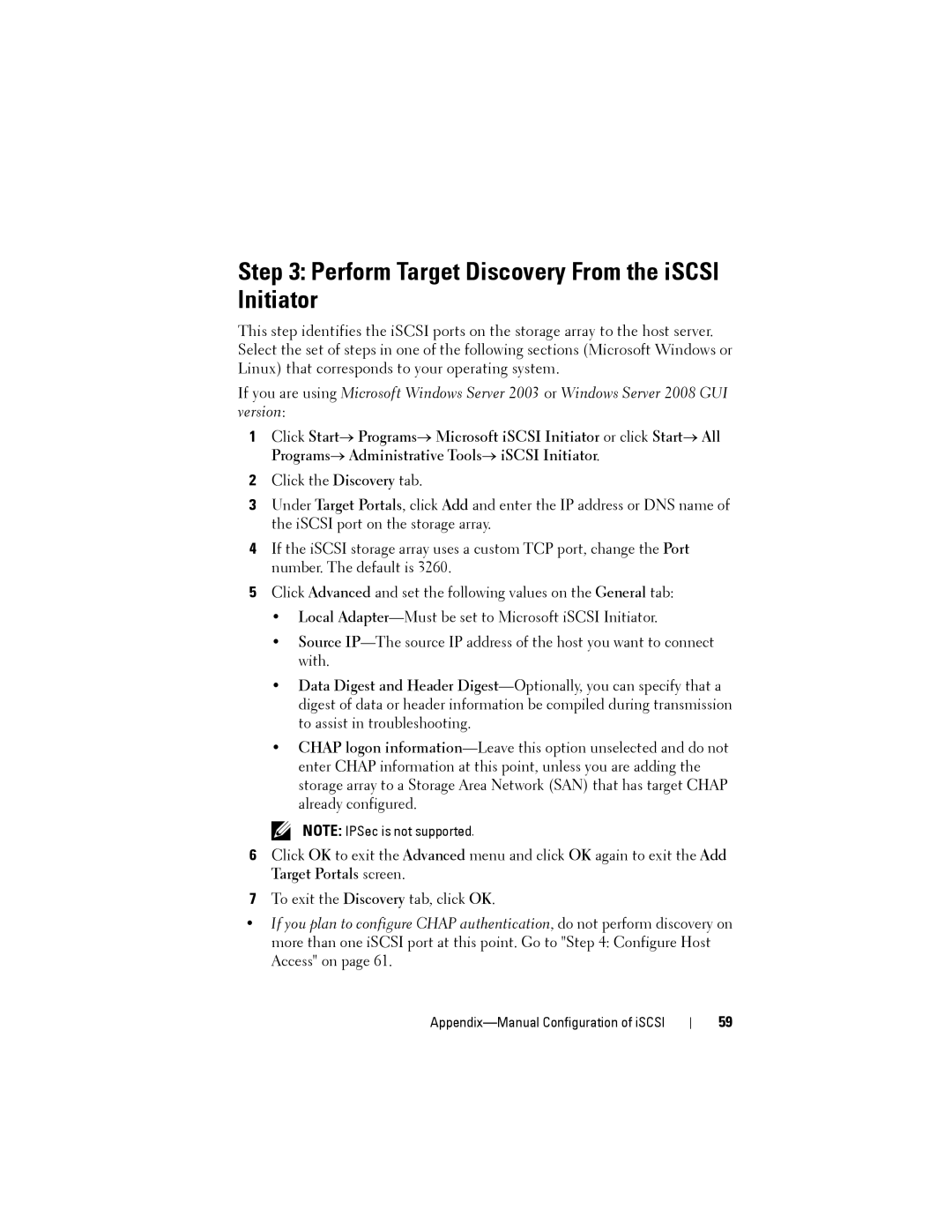 Dell MD3220, MD3200 manual Perform Target Discovery From the iSCSI Initiator 