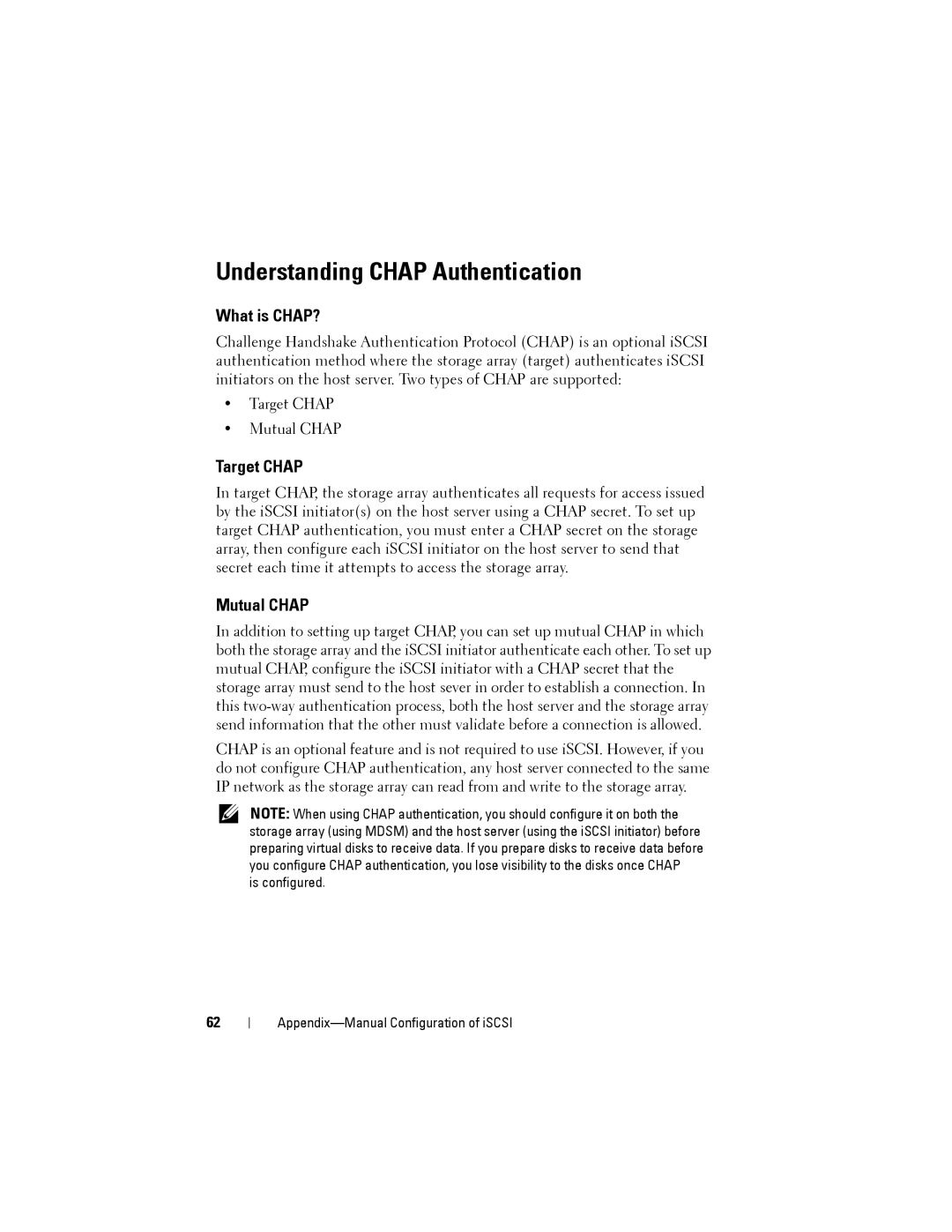 Dell MD3200, MD3220 manual Understanding Chap Authentication, What is CHAP?, Target Chap, Mutual Chap 