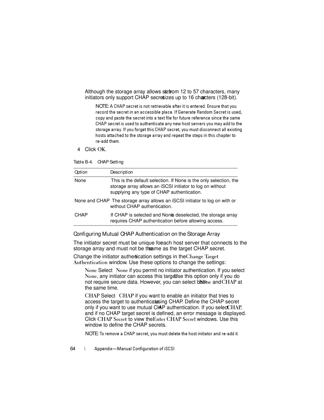 Dell MD3200 manual Configuring Mutual Chap Authentication on the Storage Array, Table B-4. Chap Setting Option Description 