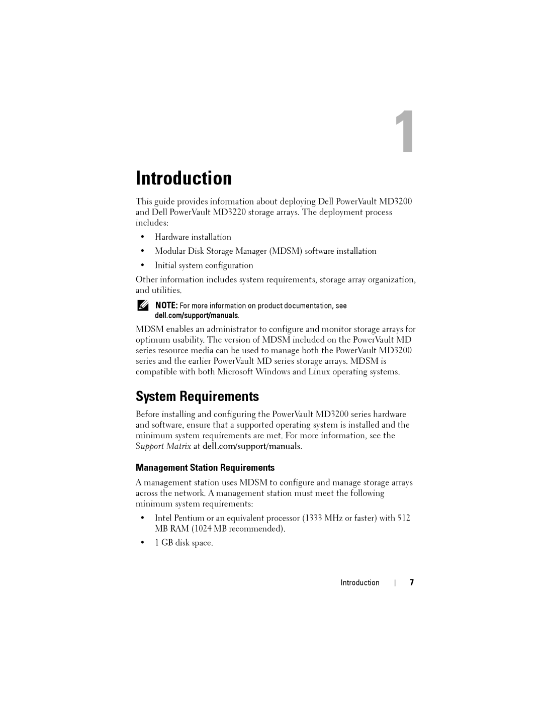 Dell MD3220, MD3200 manual Introduction, System Requirements, Management Station Requirements 