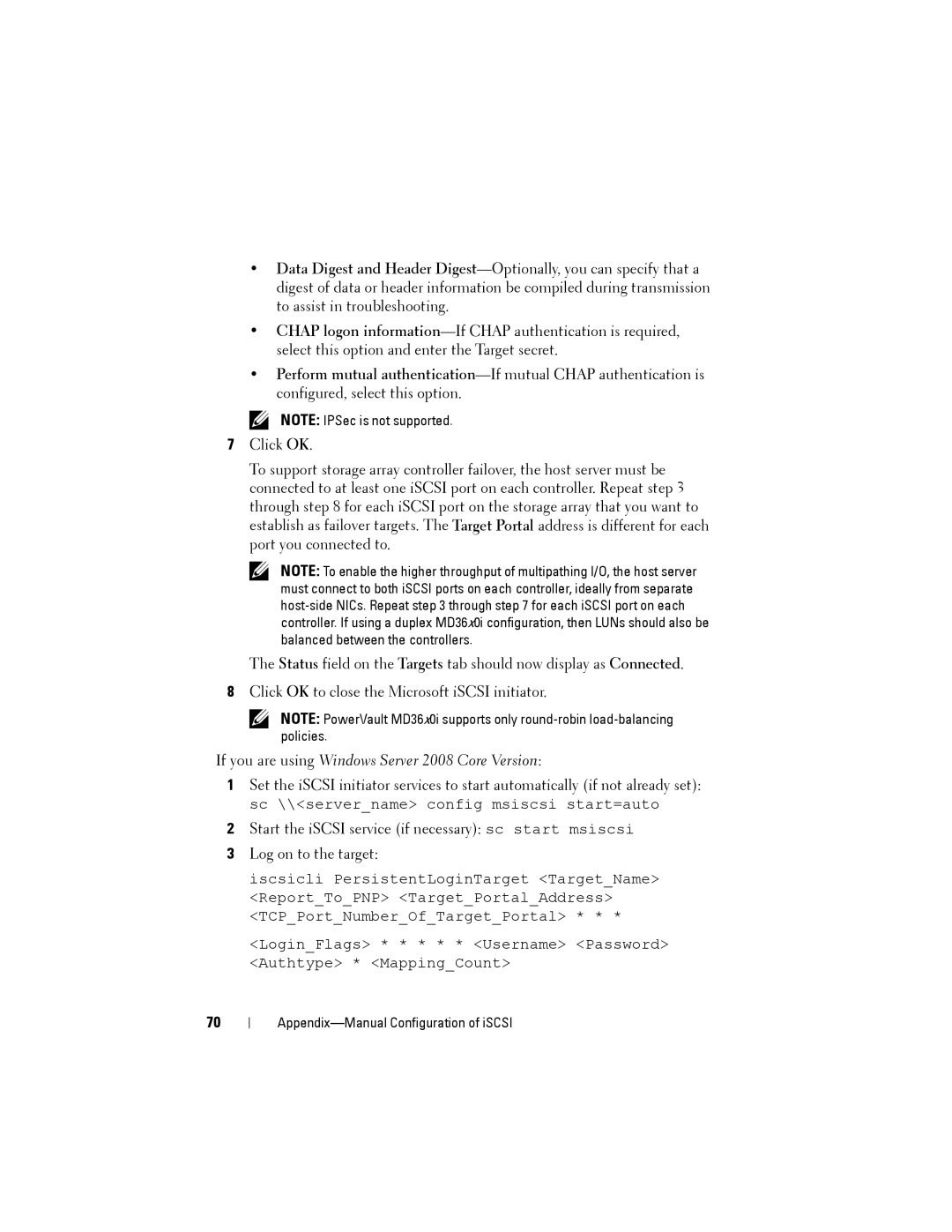 Dell MD3200, MD3220 manual If you are using Windows Server 2008 Core Version 