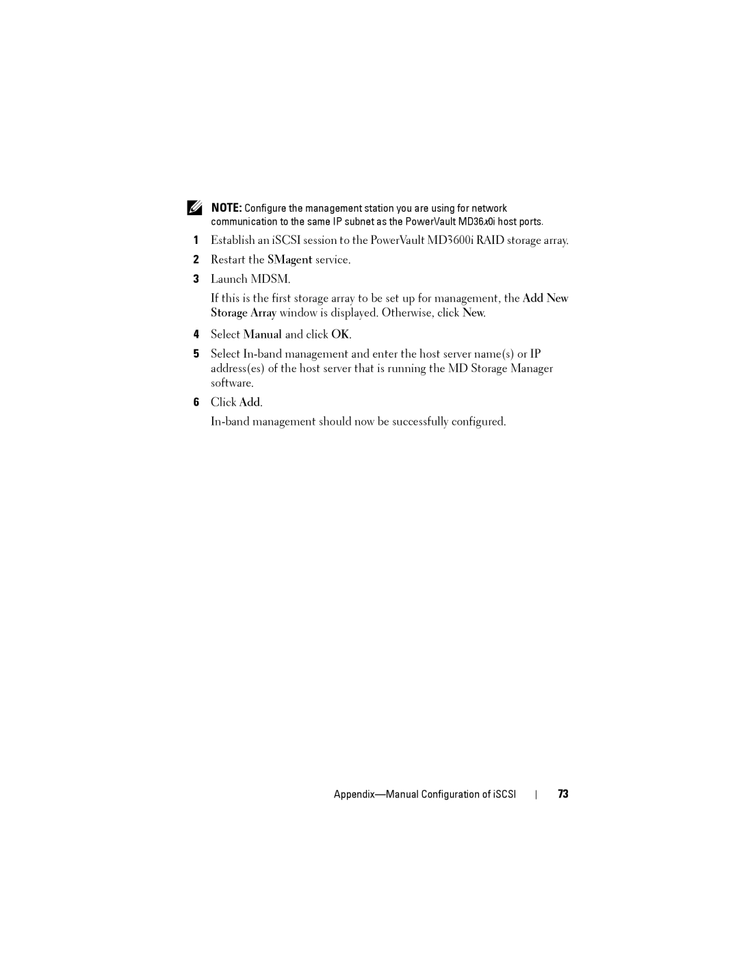 Dell MD3220, MD3200 manual Appendix-Manual Configuration of iSCSI 