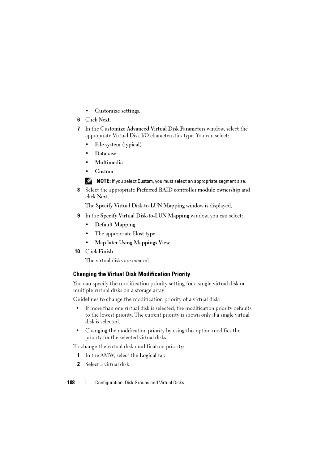 Dell MD3220i Changing the Virtual Disk Modification Priority, Customize settings, Map later Using Mappings View, 108 