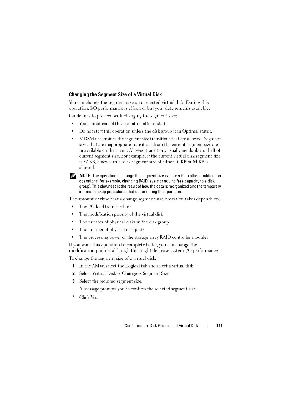 Dell MD3200i, MD3220i Changing the Segment Size of a Virtual Disk, Select Virtual Disk→ Change→ Segment Size, 111 