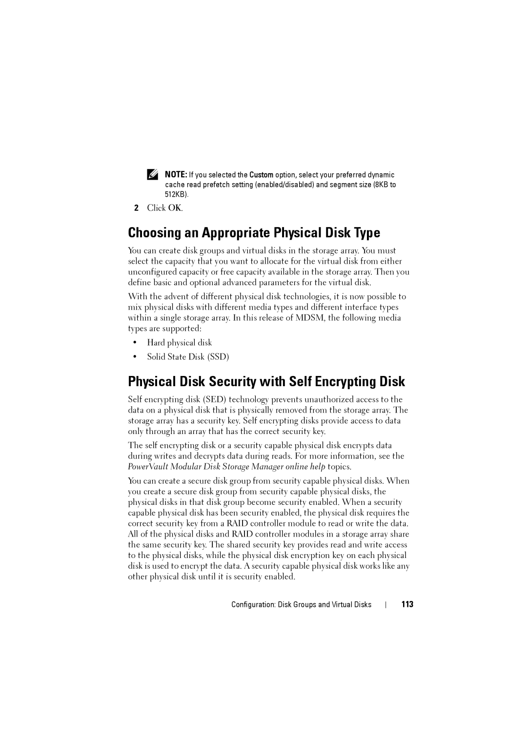 Dell MD3200i, MD3220i Choosing an Appropriate Physical Disk Type, Physical Disk Security with Self Encrypting Disk, 113 