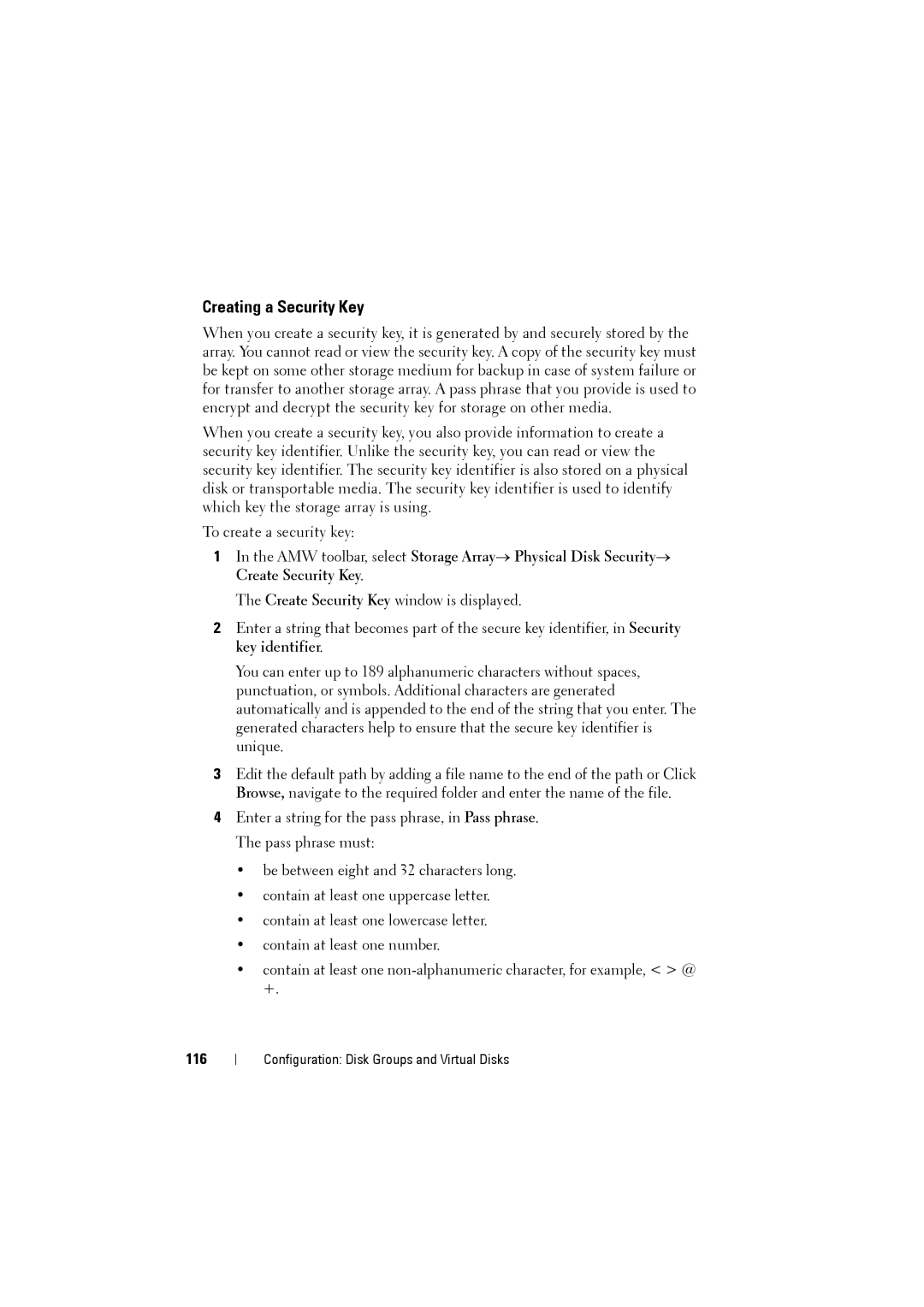 Dell MD3220i, MD3200i owner manual Creating a Security Key, 116 