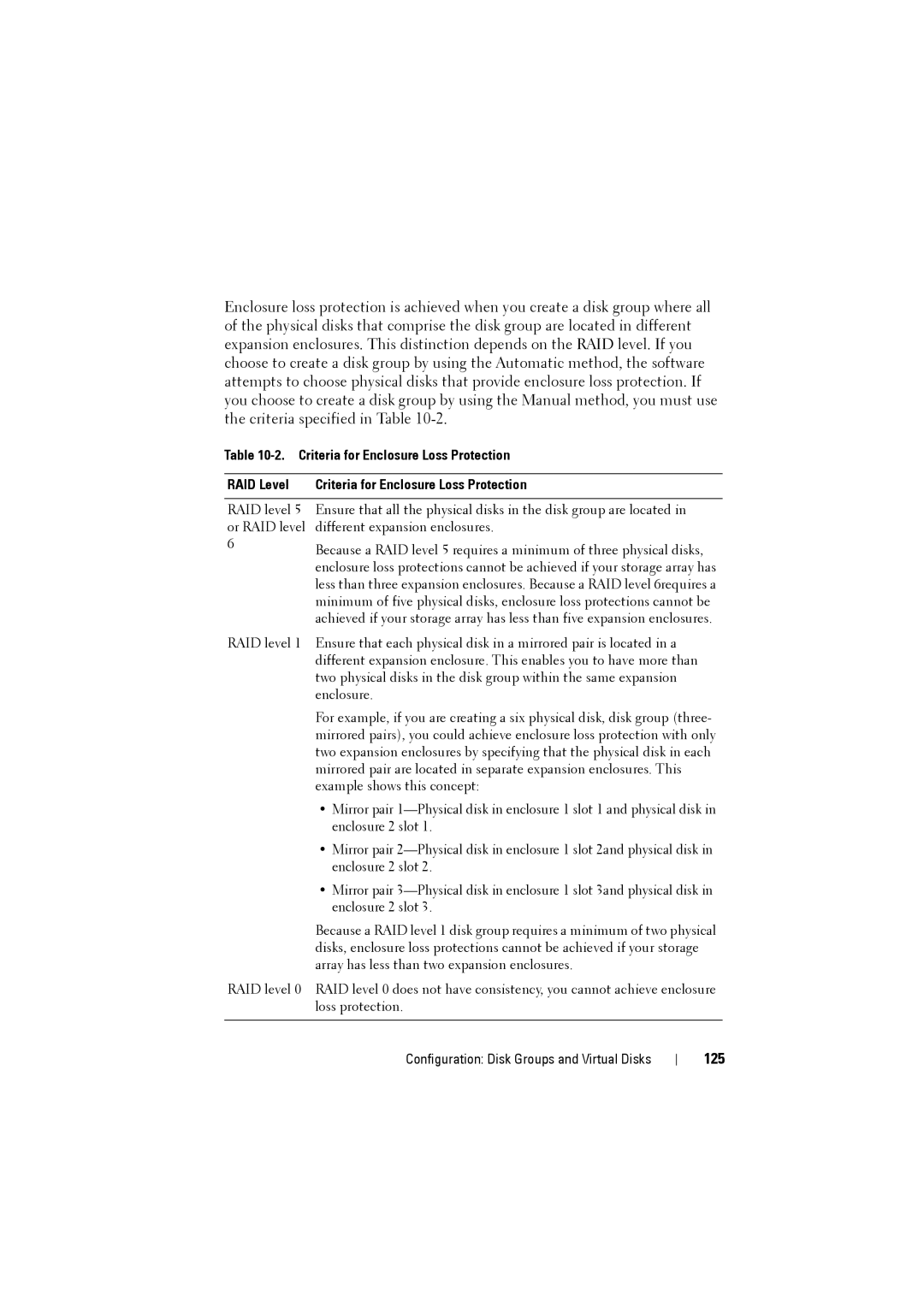 Dell MD3200i, MD3220i owner manual 125, Criteria for Enclosure Loss Protection RAID Level 