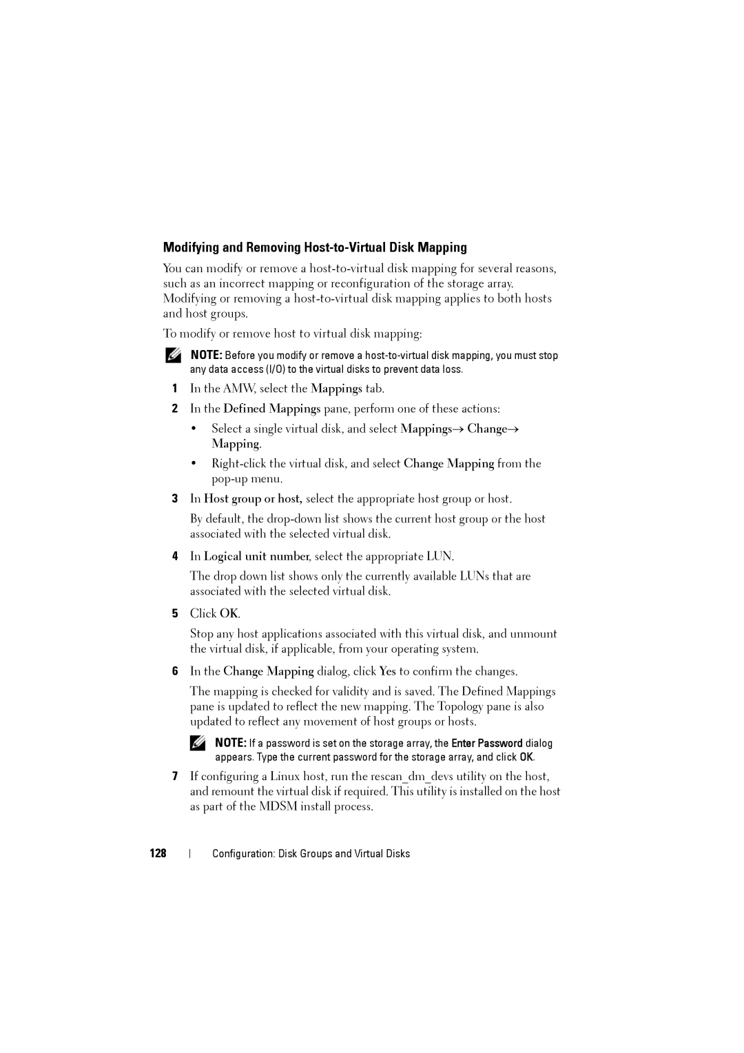 Dell MD3220i, MD3200i owner manual Modifying and Removing Host-to-Virtual Disk Mapping, 128 