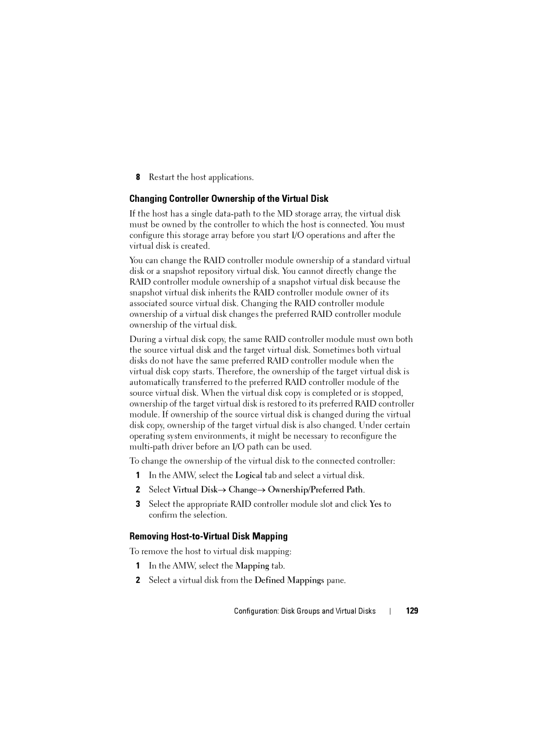 Dell MD3200i, MD3220i Changing Controller Ownership of the Virtual Disk, Removing Host-to-Virtual Disk Mapping, 129 