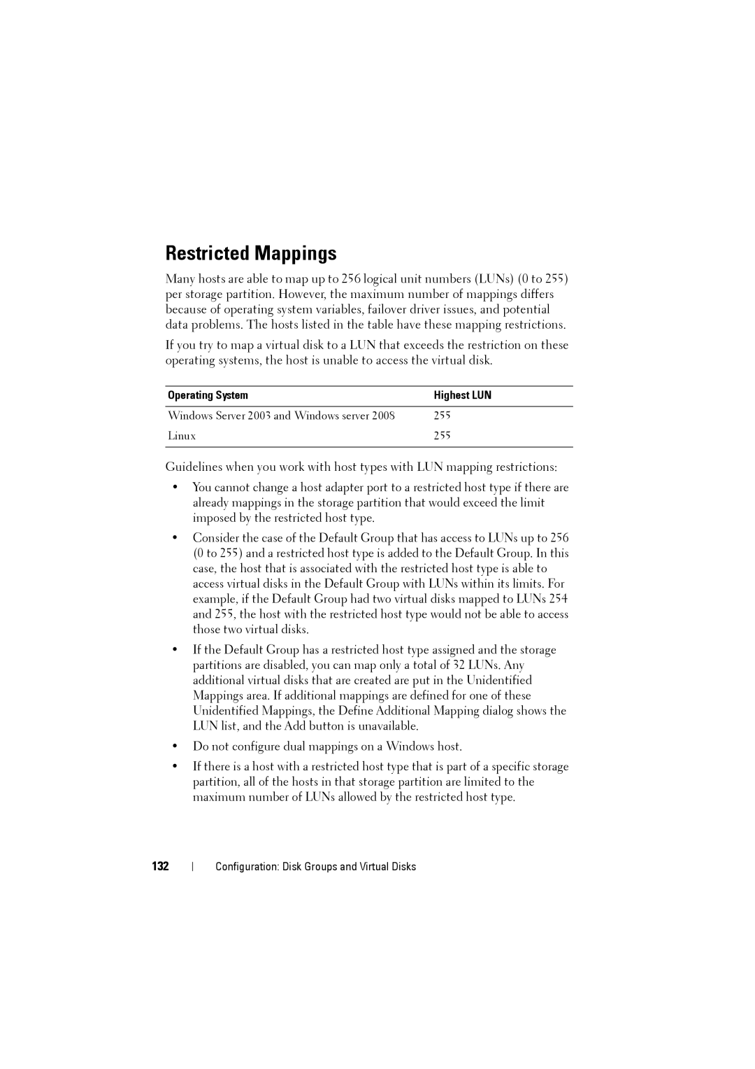 Dell MD3220i, MD3200i owner manual Restricted Mappings, 132, Operating System Highest LUN 