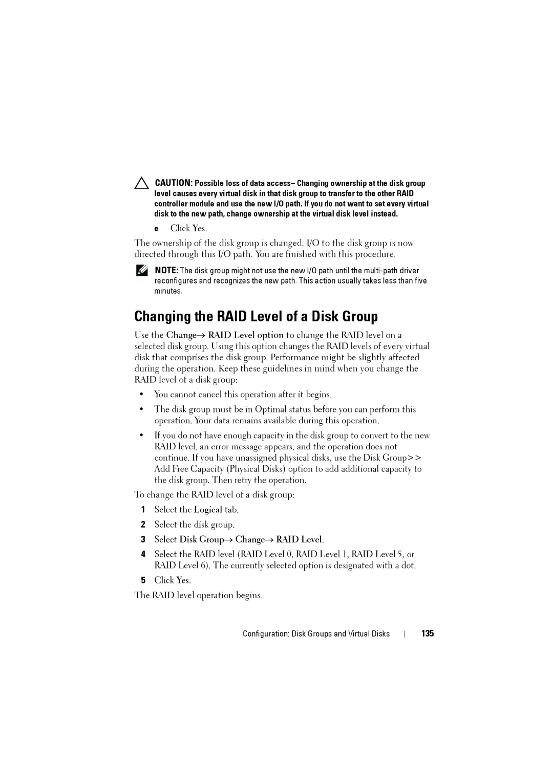 Dell MD3200i, MD3220i owner manual Changing the RAID Level of a Disk Group, 135 