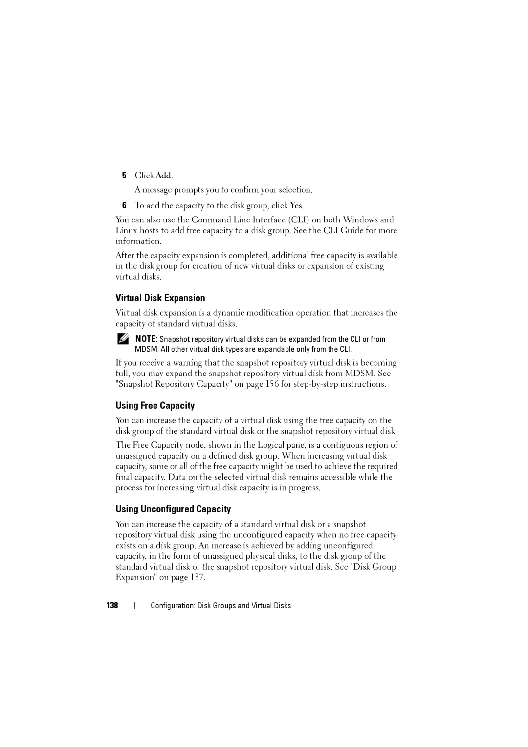 Dell MD3220i, MD3200i owner manual Virtual Disk Expansion, Using Free Capacity, Using Unconfigured Capacity, 138 