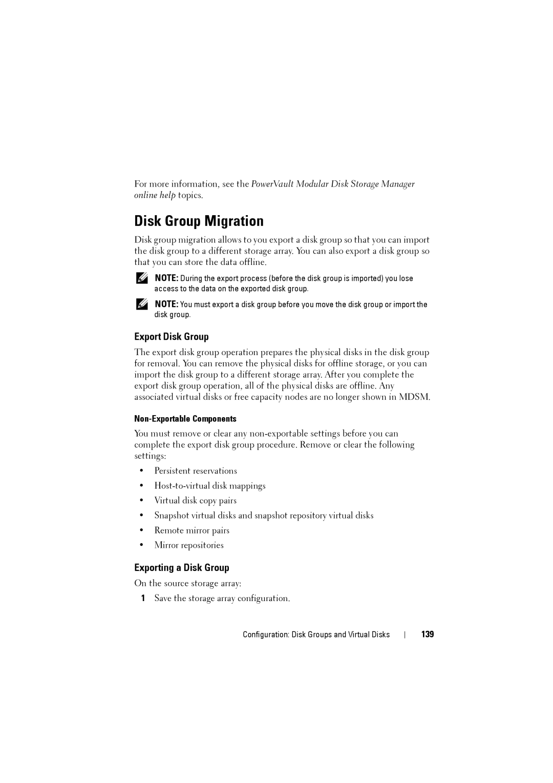 Dell MD3200i, MD3220i Disk Group Migration, Export Disk Group, Exporting a Disk Group, Non-Exportable Components, 139 