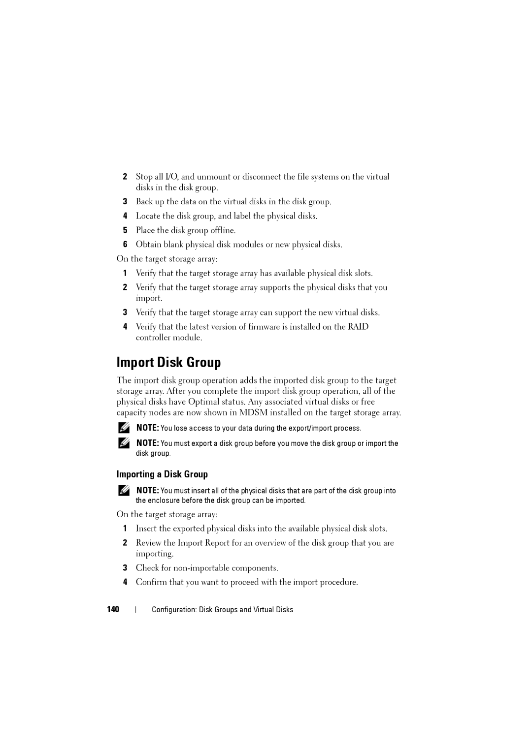 Dell MD3220i, MD3200i owner manual Import Disk Group, Importing a Disk Group, 140 