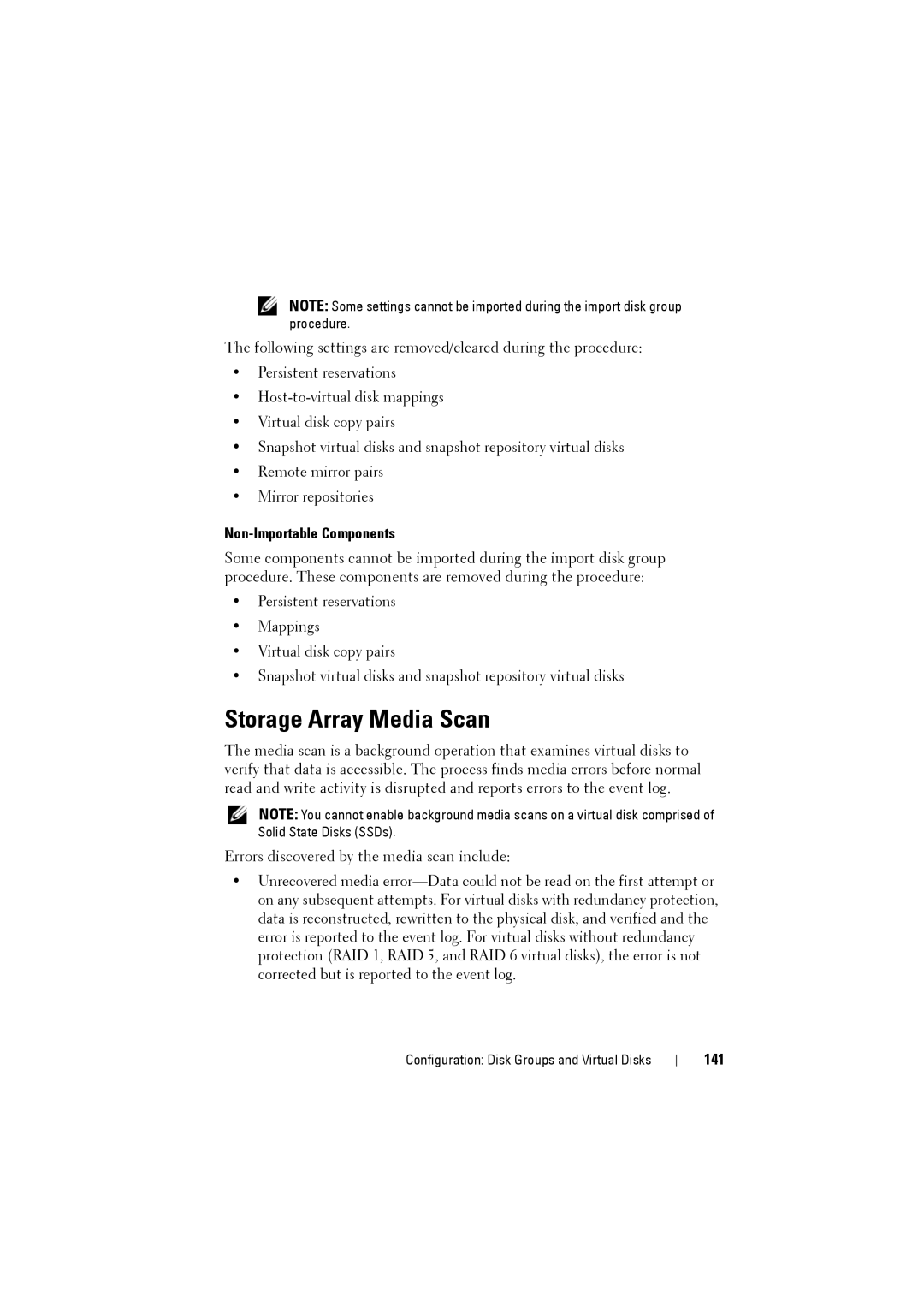 Dell MD3200i, MD3220i owner manual Storage Array Media Scan, Non-Importable Components, 141 