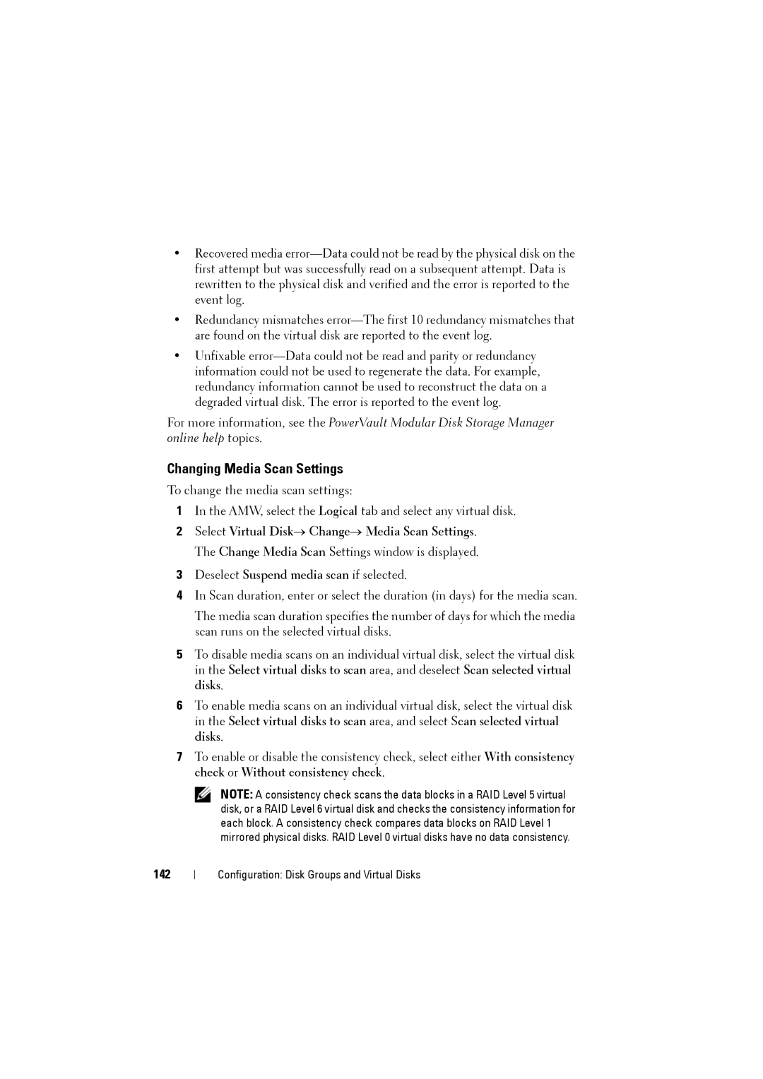 Dell MD3220i, MD3200i owner manual Changing Media Scan Settings, 142 