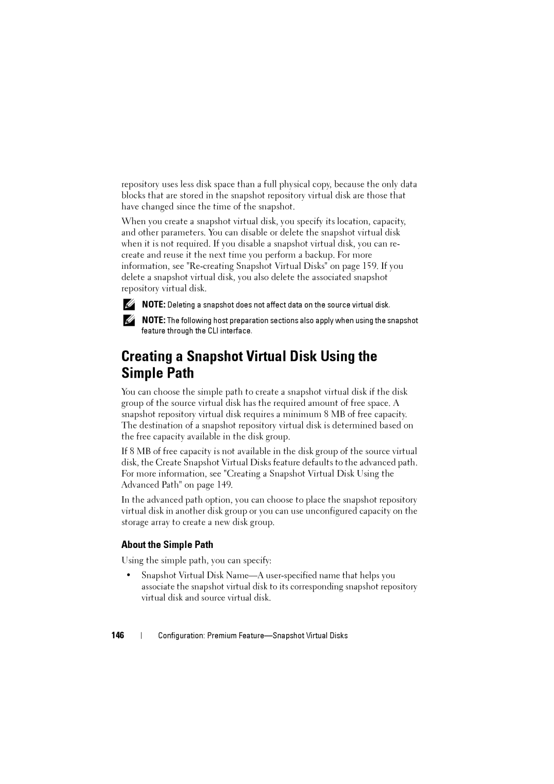 Dell MD3220i, MD3200i owner manual Creating a Snapshot Virtual Disk Using the Simple Path, About the Simple Path, 146 