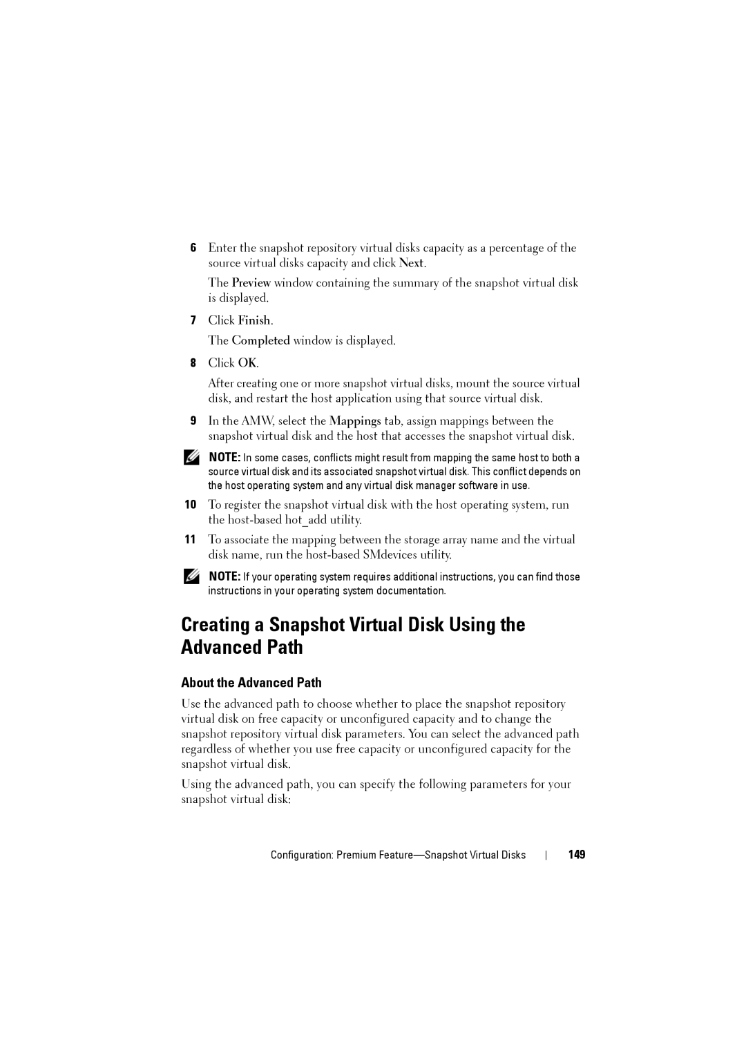 Dell MD3200i, MD3220i owner manual Creating a Snapshot Virtual Disk Using the Advanced Path, About the Advanced Path, 149 