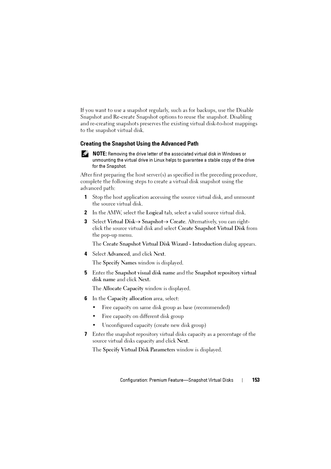 Dell MD3200i Creating the Snapshot Using the Advanced Path, Specify Virtual Disk Parameters window is displayed, 153 