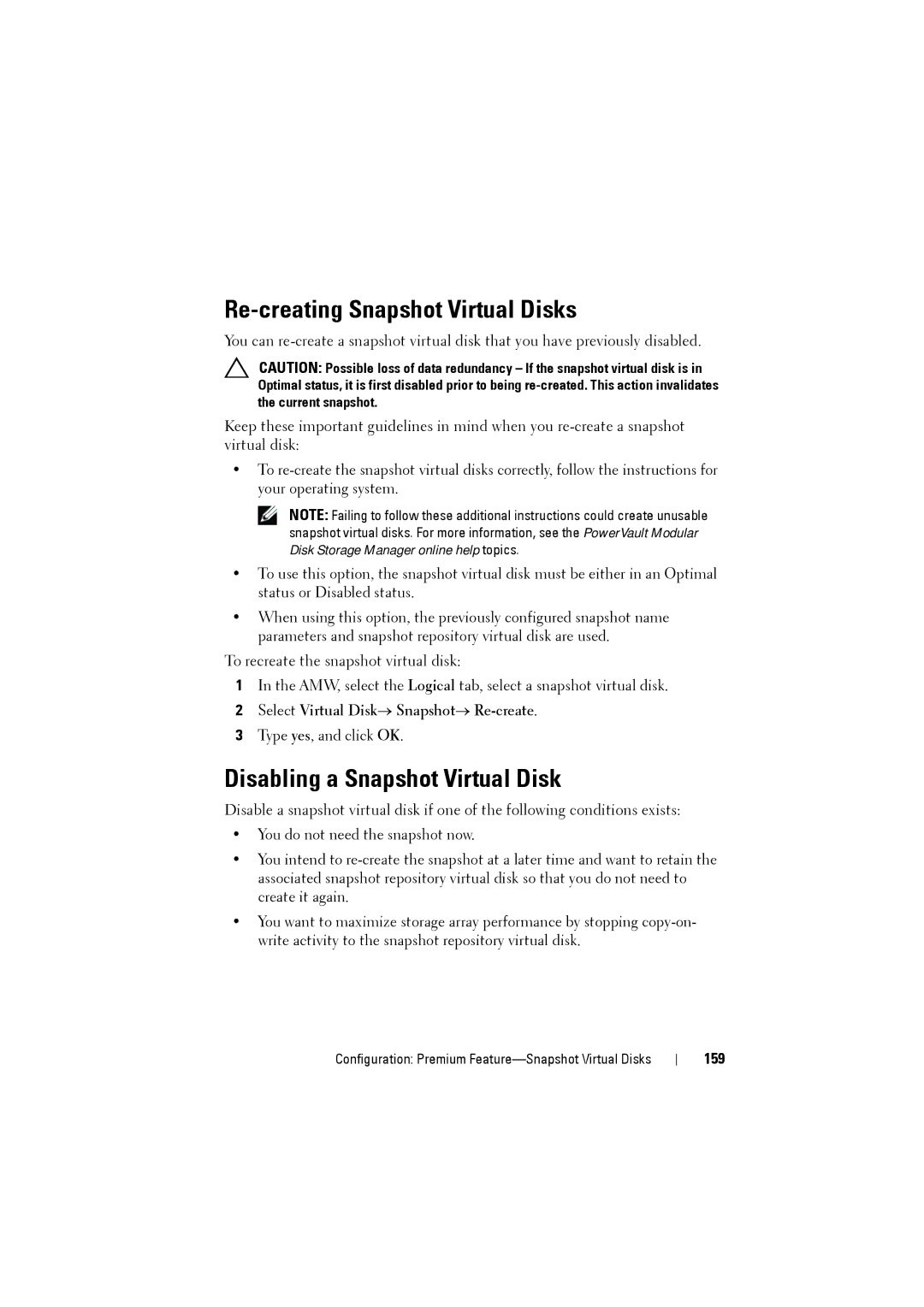 Dell MD3200i, MD3220i owner manual Re-creating Snapshot Virtual Disks, Disabling a Snapshot Virtual Disk, 159 