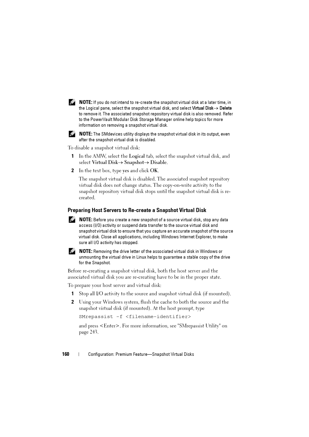 Dell MD3220i, MD3200i owner manual Preparing Host Servers to Re-create a Snapshot Virtual Disk, 160 